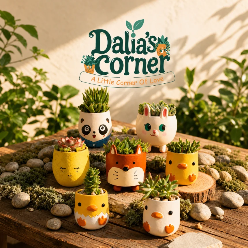 مجموعة من شخصيات Dalia's Corner، مصنوعة وملونة يدويًا، ومزروعة بعناية لتضيف لمسة من الحياة إلى أي ركن.
